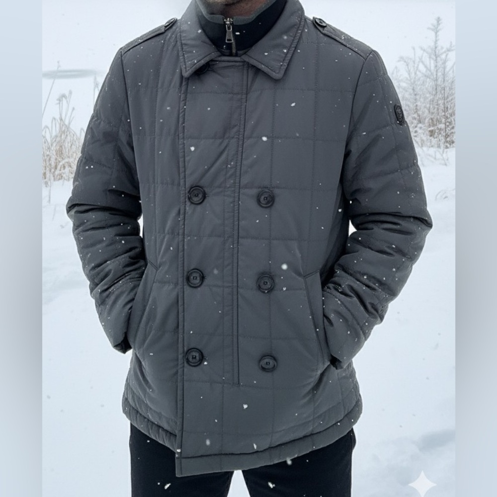 🧥 Banana Republic Quilted Double-Breasted Peacoat Jacket charcoal gray winter